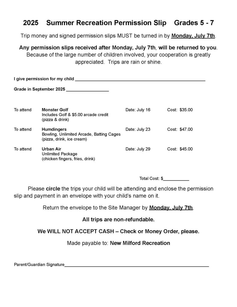 2025 Permission Slip Grades 5 -7