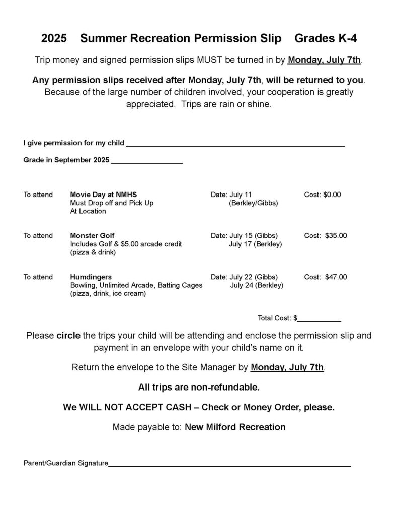 2025 Permission Slip Grades K-4