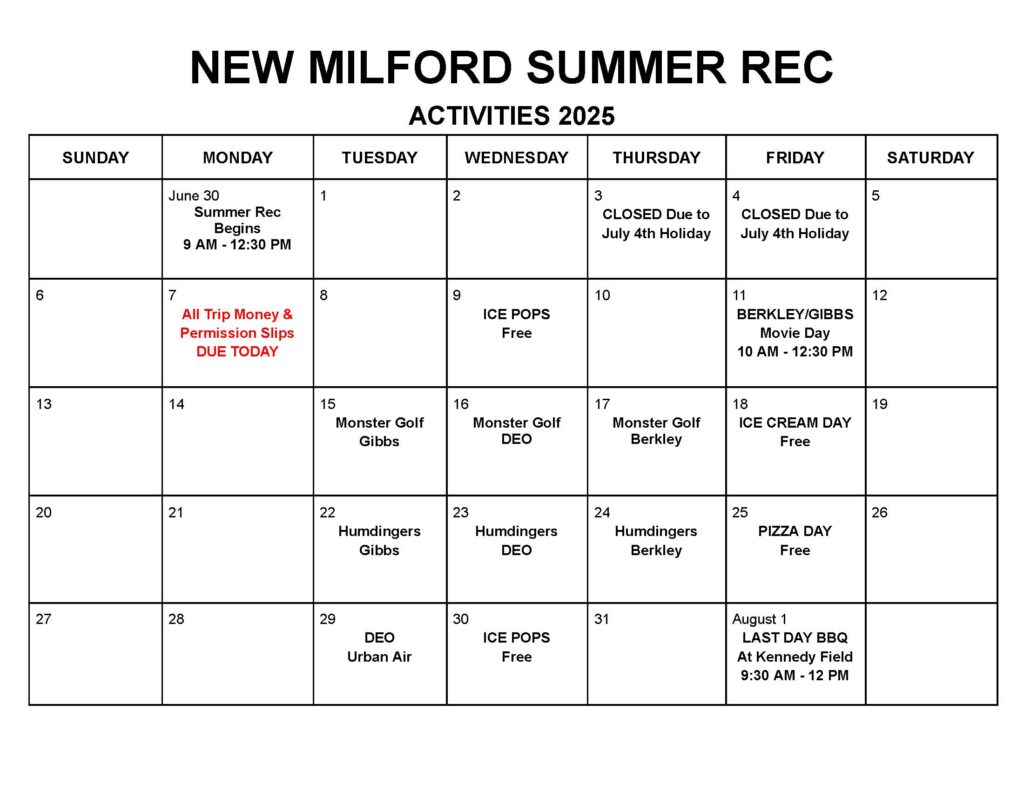 2025 Summer Rec Calendar