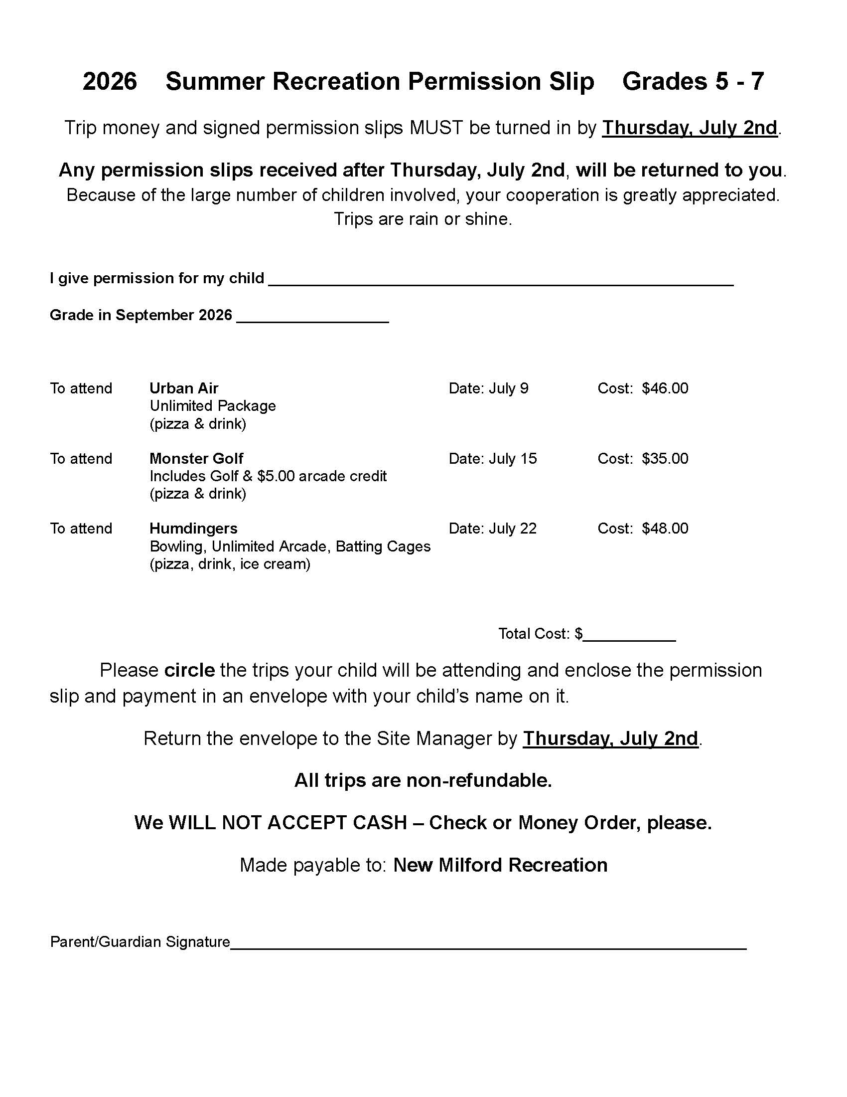 2026 Permission Slip Grades 5 -7