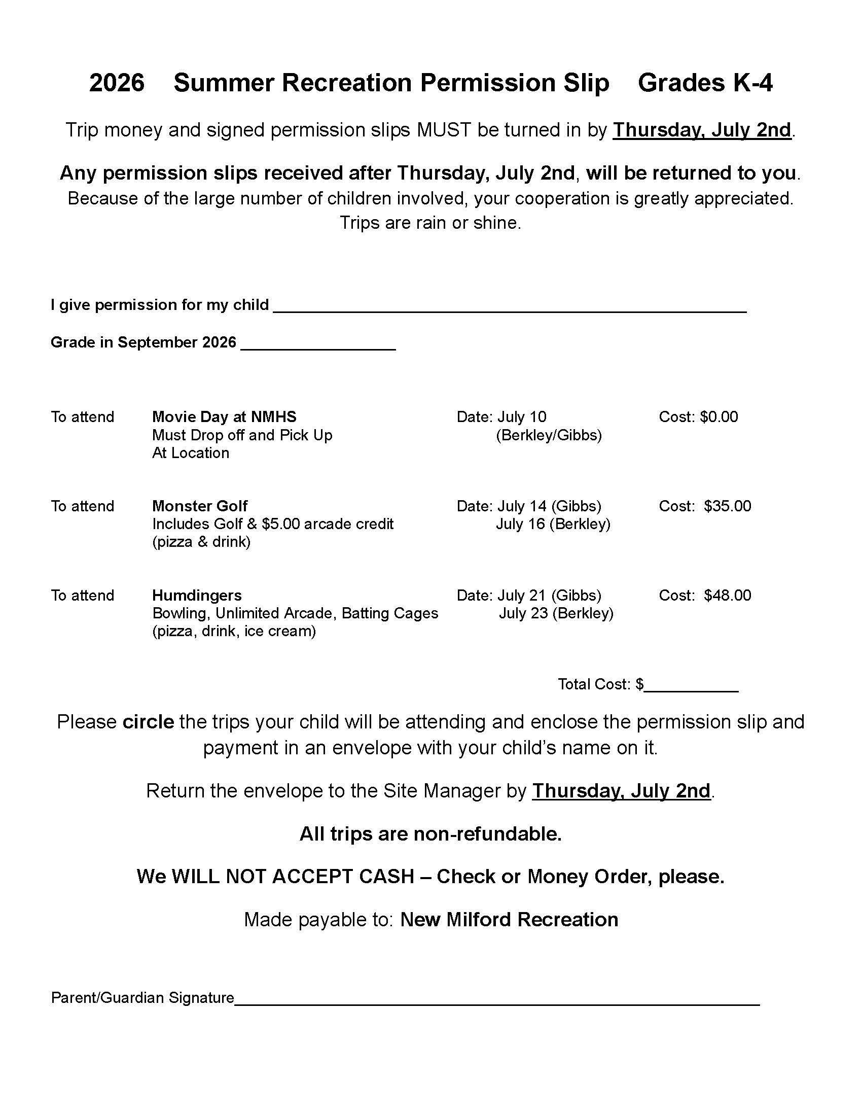 2026 Permission Slip Grades K-4