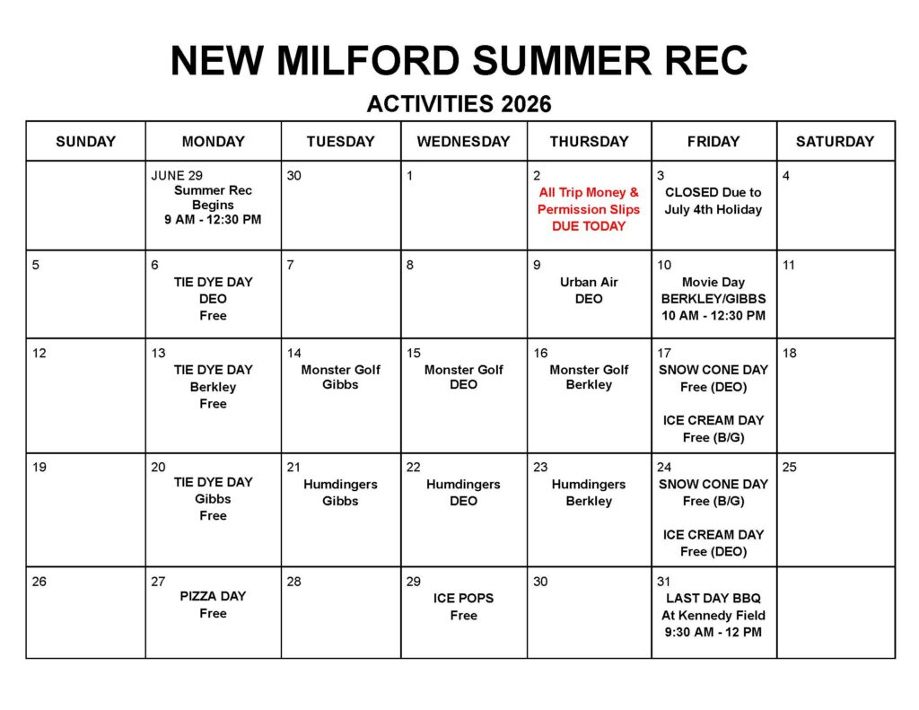 2026 Summer Rec Calendar